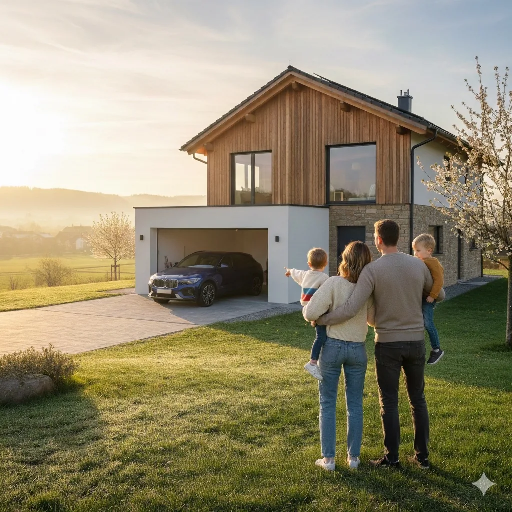 Familie vor neuem Haus